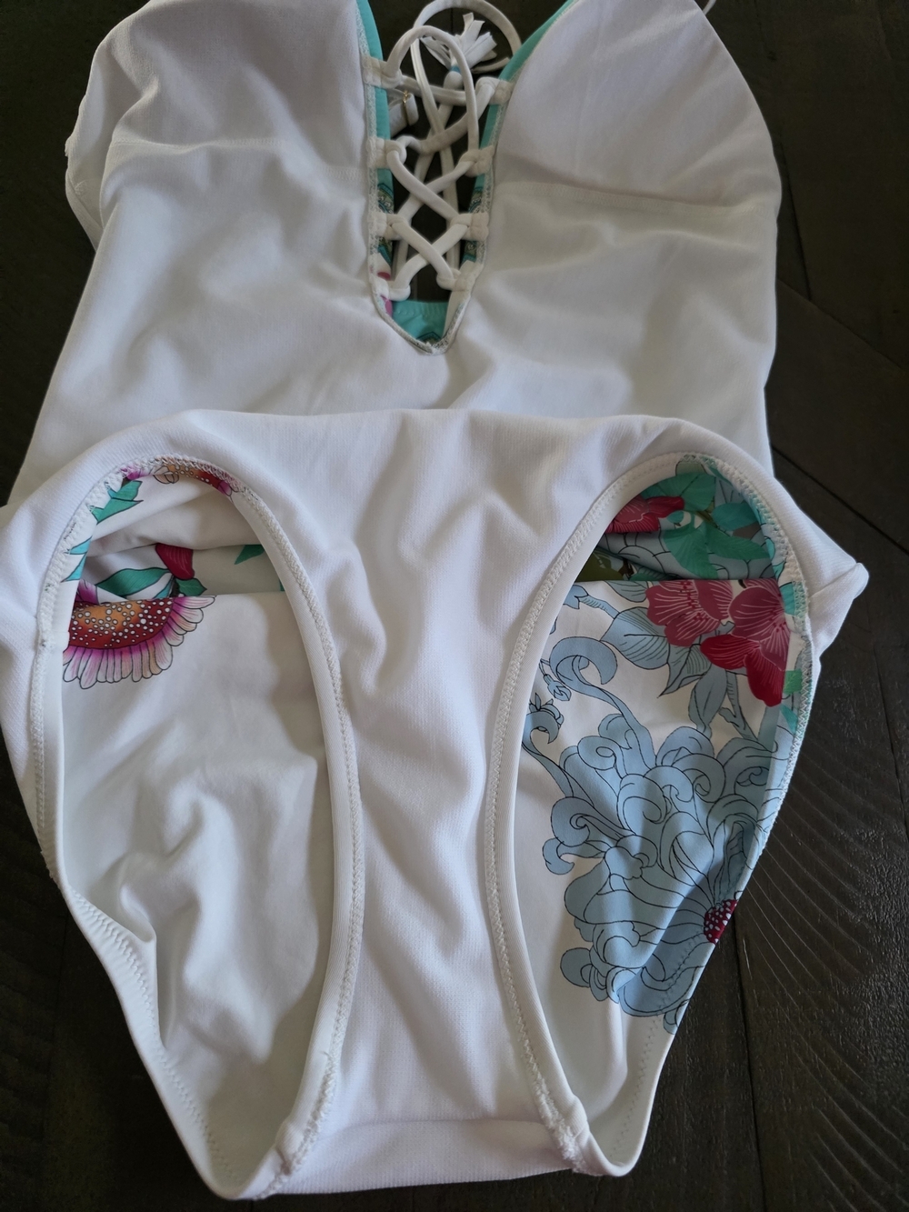 Johnny Was Cora Lace Up One Piece Swimsuit Blue Floral Print SZ S Boho Resort - Picture 14 of 14